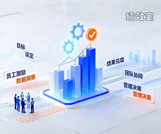企业团队使用绩效宝系统进行数字化绩效管理的现代化办公场景